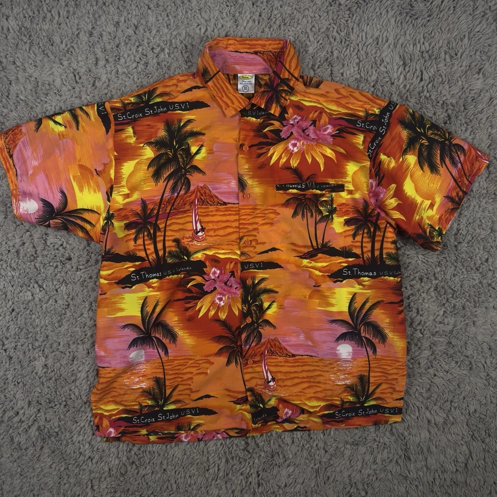 RIMA Mens U.S.V Caribbean Island Hawaiian Shirt Palm Tree Floral Vibrant Sunrise